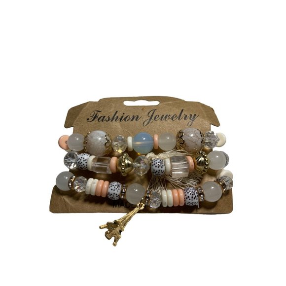 Multilayer Crystal Stone Bead Bracelets Tassels and Charms Peach White and Gold - Picture 1 of 5